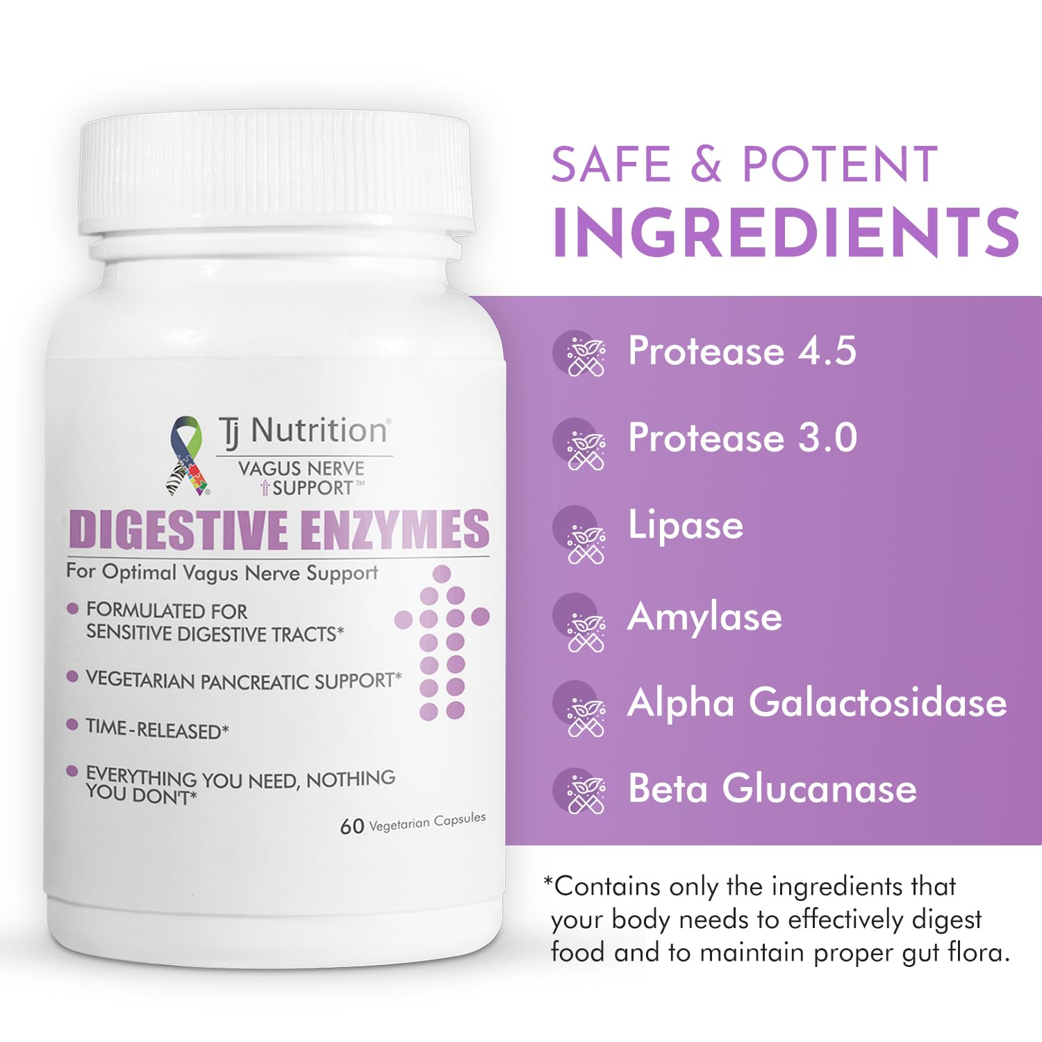 TJ Nutrition Digestive Enzymes for Sensitive Stomachs - Supports Vagus Nerve, Vegetarian Pancreatic Support, Timed Release Formula for Optimal Gut Health, Enhances Food Digestion & Gut Flora TJ NutritionBuy Supplements Australia