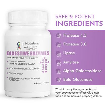 TJ Nutrition Digestive Enzymes for Sensitive Stomachs - Supports Vagus Nerve, Vegetarian Pancreatic Support, Timed Release Formula for Optimal Gut Health, Enhances Food Digestion & Gut Flora TJ NutritionBuy Supplements Australia
