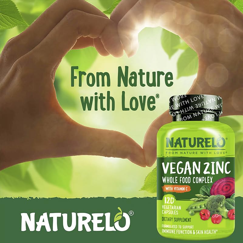 NATURELO Vegan Zinc Immune Support Capsules - Whole Food Complex with Vitamin C for Healthy Skin, Hair, and Nails - 120 Capsules NATURELOBuy Supplements Australia