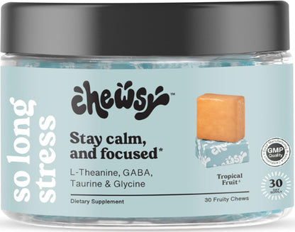 Chewsy So Long Stress, Calm Fruity Chews, Stay Calm & Focused. w/L-theanine, Amino Acid, GABA, Glycine, Tyrosine, Taurine & Magnesium. Non-GMO and Gluten-Free. Tropical Fruity Chews, 30-Day Supply CHEWSYBuy Supplements Australia