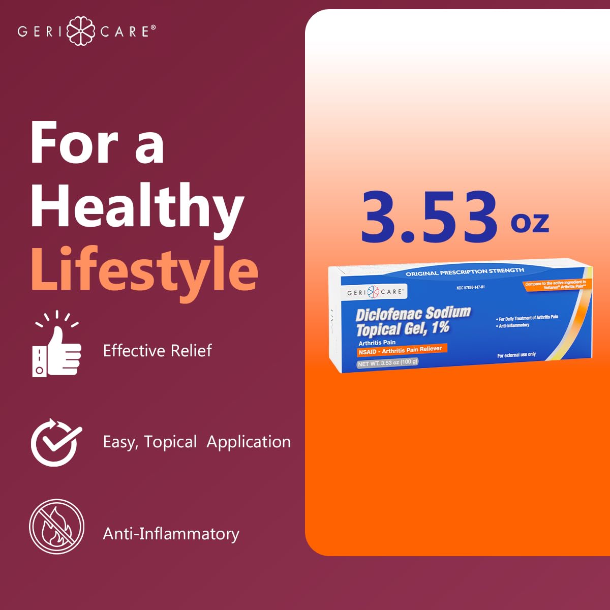 Topical Arthritis Pain Relief Gel Diclofenac Sodium 1% (NSAID) by GeriCare- Hand Wrist Elbow Foot Ankle Knee Extra-Strength Arthritis Pain Reliever- Anti-inflammatory Arthritis Pain Treatment- 3.53oz GeriCareBuy Supplements Australia