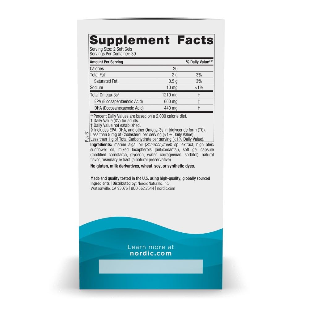 Nordic Naturals Plant Based Ultimate Omega, Lemon Flavor - 60 Vegetarian Soft Gels - 1210 mg Omega-3 - Vegan EPA and DHA - Supplement Made from Algae - Brain & Heart Support - Non-GMO - 30 Servings Nordic NaturalsBuy Supplements Australia