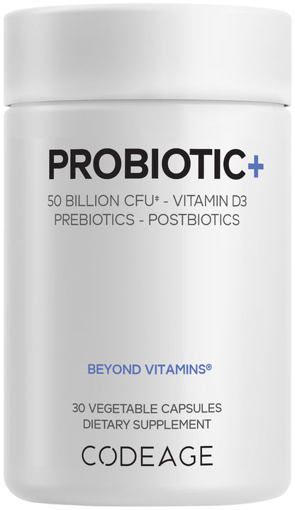 Codeage Probiotic+ 50 Billion CFU** Supplement - 12-Strain Probiotic Blend, Organic Prebiotic Fiber, Postbiotics, Vitamin D3, Zinc Bisglycinate, Quercetin - for Men & Women - Non-GMO - 30 Capsules CodeageBuy Supplements Australia