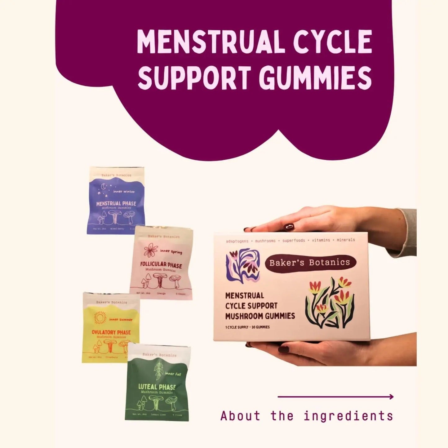 Period ovulatory & PMS Support Supplement for Women – Hormone Balance + 4-Phase Menstrual Cycle Kit | Vegan Functional Mushroom Gummies by Baker’s Botanics (Pack of 6)(30 Gummies) Baker's BotanicsBuy Supplements Australia