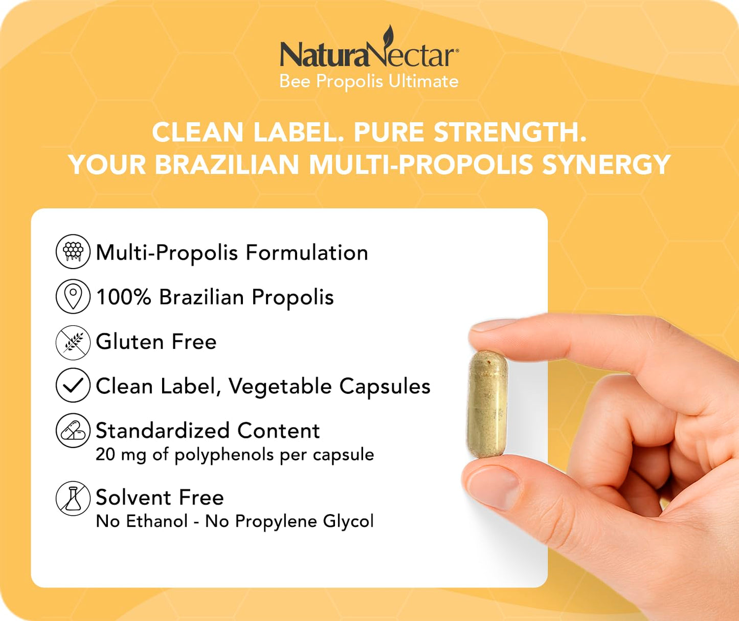 NaturaNectar - Ultimate Bee Propolis Capsules - NSF Contents Certified -Brazilian Red, Brown, & Green - Gluten-Free Supplement with Flavonoids - Naturally Sourced Through Ethical Beekeeping (60pcs.) NaturaNectarBuy Supplements Australia