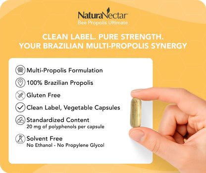 NaturaNectar - Ultimate Bee Propolis Capsules - NSF Contents Certified -Brazilian Red, Brown, & Green - Gluten-Free Supplement with Flavonoids - Naturally Sourced Through Ethical Beekeeping (60pcs.) NaturaNectarBuy Supplements Australia