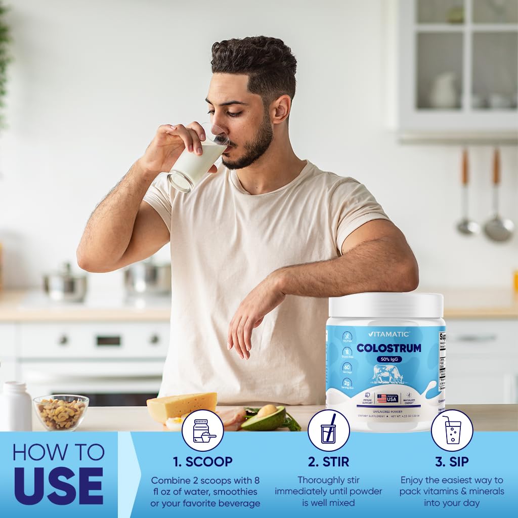 Vitamatic Bovine Colostrum Powder - 50% Highest IgG -120 Gram - Supplement for Gut Health, Hair Growth, Beauty, Muscle Recovery, & Immune Support - Easy to Mix - Unflavored - 60 Servings VitamaticBuy Supplements Australia