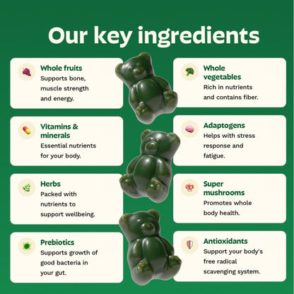 Gruns Adult Super Greens Multivitamin Gummies, Superfood Gummy Vitamins for Women and Men with Spirulina, Chlorella