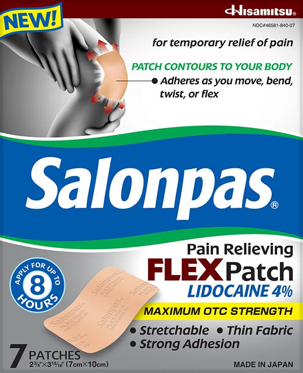 Salonpas Temporary Pain Relieving Flex Patch with Lidocaine 4%, Maximum OTC Strength, Stretchable Thin Fabric, Strong Adhesion, Contours to Body, Apply for Up to 8 Hours 7 ct (Pack of 2) SalonpasBuy Supplements Australia