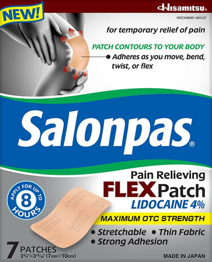 Salonpas Temporary Pain Relieving Flex Patch with Lidocaine 4%, Maximum OTC Strength, Stretchable Thin Fabric, Strong Adhesion, Contours to Body, Apply for Up to 8 Hours 7 ct (Pack of 2) SalonpasBuy Supplements Australia