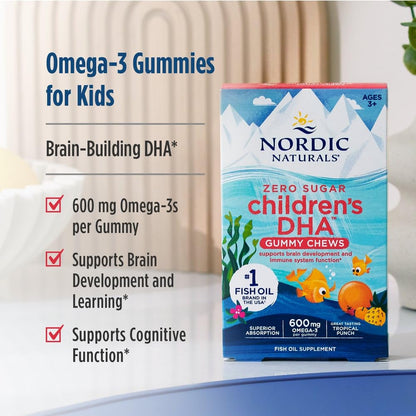 Nordic Naturals Zero Sugar Children’s DHA Gummy Chews, Tropical Punch - 30 Gummy Chews for Kids - 600 mg Total Omega-3s - Brain Development