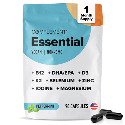 Complement Essential Vegan Multivitamin for Men & Women (30 Servings, 90 Capsules) with Omega-3 DHA & EPA, B12, Vitamin D3 & K2, Zinc, Selenium, Magnesium, Iodine - Supports Immunity & Overall Health ComplementBuy Supplements Australia