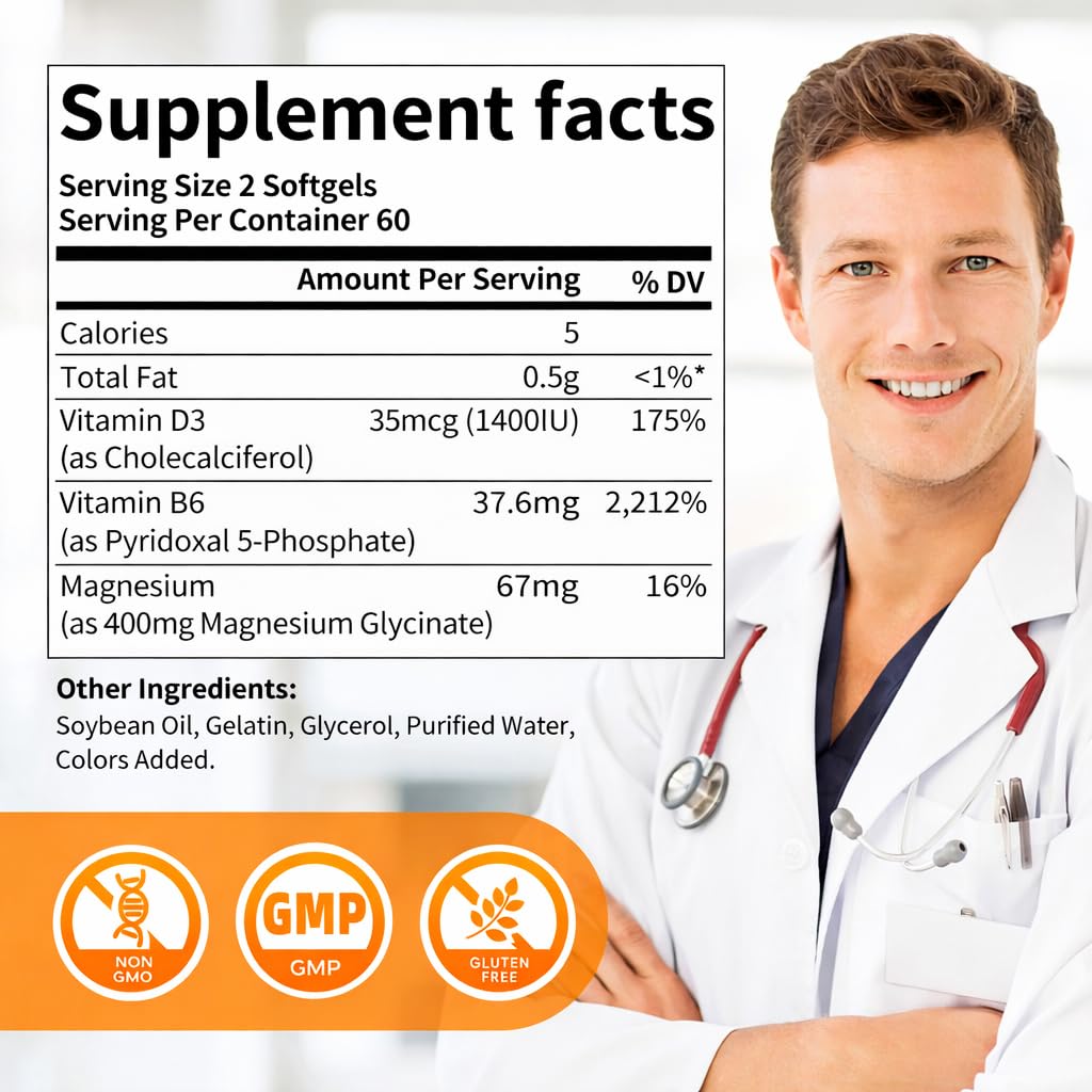 Magnesium Glycinate 400mg Softgels with Vitamin D3 & B6,Small Easy to Swallow Gel Caps,High Absorption, Gentle on Stomach,Supports Sleep,