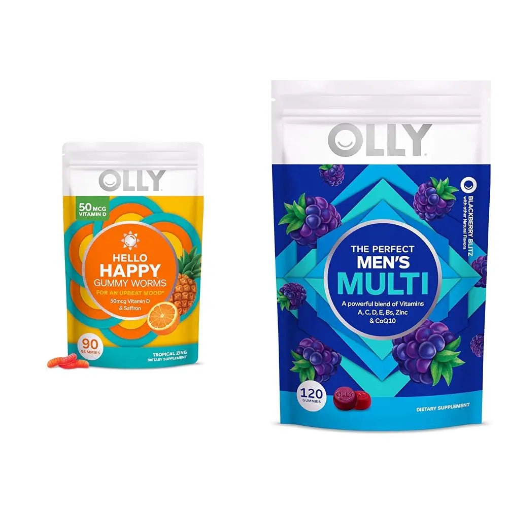 OLLY Hello Happy Gummy Worms Mood Support with Vitamin D, Saffron - 90 Count Men's Multivitamin Gummy Immune Support OLLY