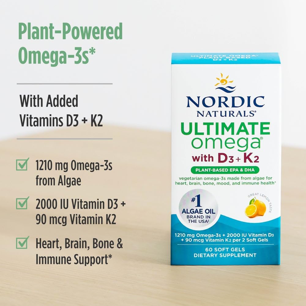 Nordic Naturals Ultimate Omega Plant Based Vitamin with Vitamin D3+K2-60 Vegetarian Soft Gels - 1210 mg Omega-3s Plus 2000 IU D3 and 90 mcg K2