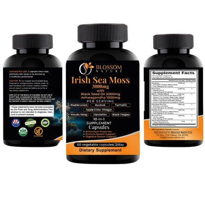 10-in-1 Irish Sea Moss Veggie Caps 3000mg Black Seed Oil Ashwagandha Bladderwrack Burdock Turmeric Apple Cider Vinegar Manuka Honey Dandelion Black Pepper - Made in US(Veggie Caps, Unflavored) Blossom NatureBuy Supplements Australia
