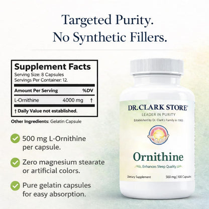 Dr Clark Ornithine Dietary Supplement - Gluten Free, Natural Sleep Aid, Promotes Protein Metabolism, Cleansing and Detoxification, 500mg, 100 Gelatin Capsules Dr Clark StoreBuy Supplements Australia
