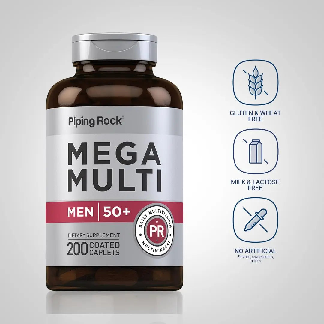 Piping Rock Multivitamin for Men Over 50+ | 200 Caplets | Mega 50 Plus Daily Multimineral | with Magnesium, Calcium, Zinc | Piping Rock