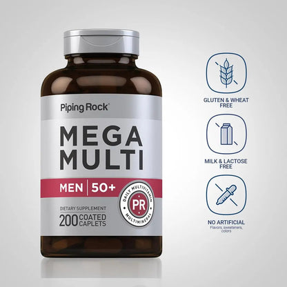 Piping Rock Multivitamin for Men Over 50+ | 200 Caplets | Mega 50 Plus Daily Multimineral | with Magnesium, Calcium, Zinc | Piping Rock