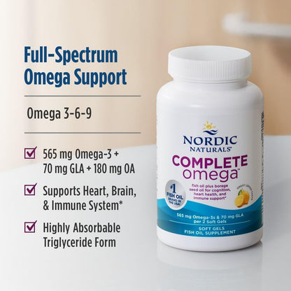 Nordic Naturals Complete Omega, Lemon Flavor - 120 Soft Gels - 565 mg Omega-3 - EPA & DHA with Added GLA - Healthy Skin, Cognition, Positive Mood - Non-GMO - 60 Servings Nordic NaturalsBuy Supplements Australia