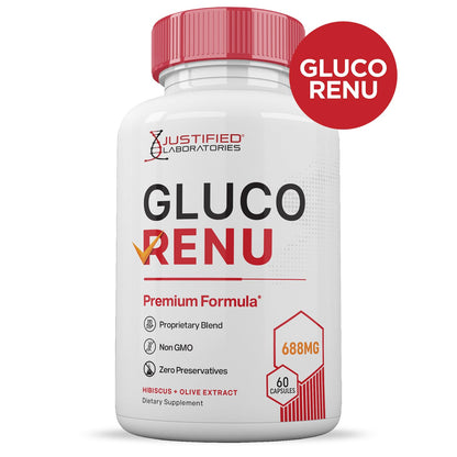 Gluco Renu 688MG Glyco Support Pills Premium Formula Gluo Renew Glycogen Support Formulated Hawthrone Hibiscus Garlic Junpier Powder Olive Forskolin Green Tea Extract 60 Capsules Justified LaboratoriesBuy Supplements Australia