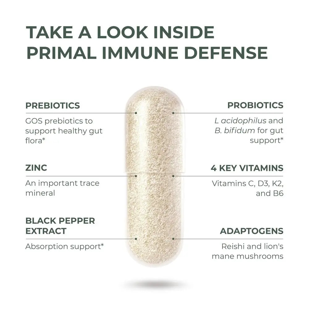 Primal Harvest Immune Defense 10-in-1 Supplement with Probiotics, Zinc, and Vitamins C, D3, K2, B6 Daily Immune Support for Adults Primal Harvest