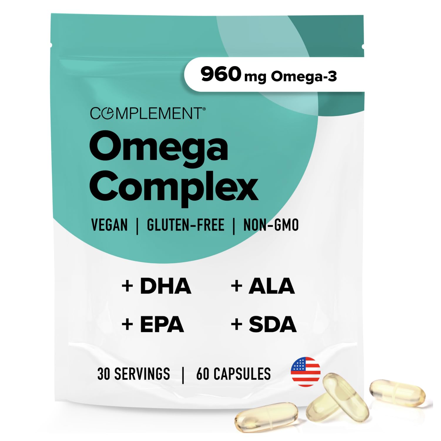 Vegan Omega 3 Supplement- 960mg Omega-3 Fatty Acids, DHA, EPA, SDA, ALA Supplement - Immune Support- 30 Servings, 60 Liquid Capsules ComplementBuy Supplements Australia