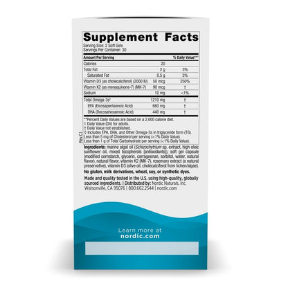 Nordic Naturals Ultimate Omega Plant Based Vitamin with Vitamin D3+K2-60 Vegetarian Soft Gels - 1210 mg Omega-3s Plus 2000 IU D3 and 90 mcg K2