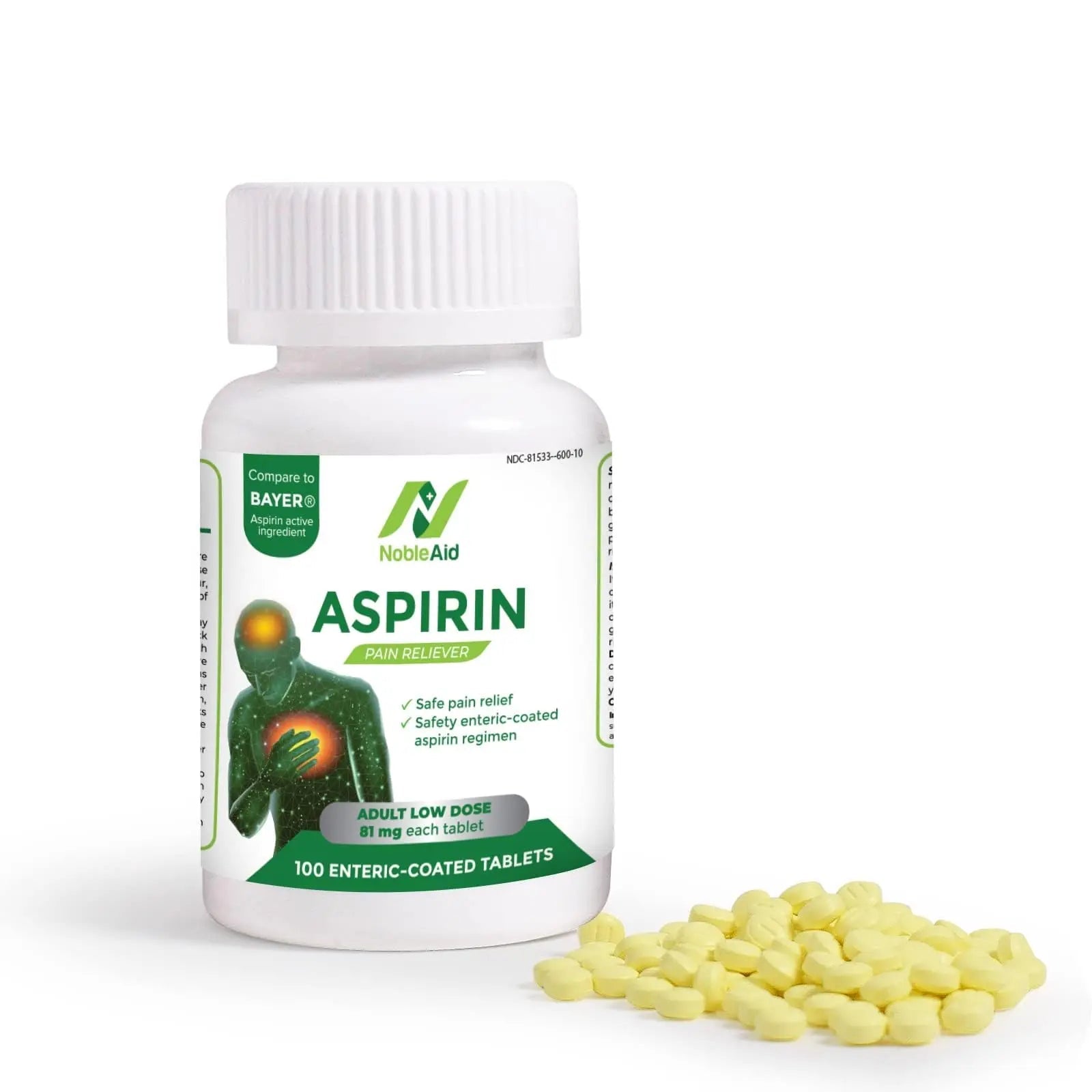 Pure Low Dose Baby Aspirin 81mg for Adults, 100 Count Enteric Coated Aspirin Tablets for Men and Women, Safe Relief for Symtoms Associated with Headache, Arthritis, Cramps NobleAidBuy Supplements Australia