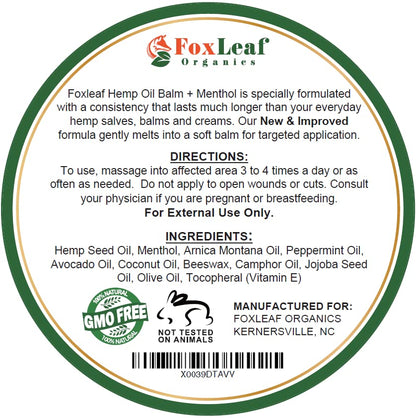 Hemp Oil Balm with Arnica, Camphor, Menthol & Peppermint, Herbal Cooling Balm for Muscles, Joints, Knees, Back & Body, Made in USA, 2oz FOXLEAFBuy Supplements Australia