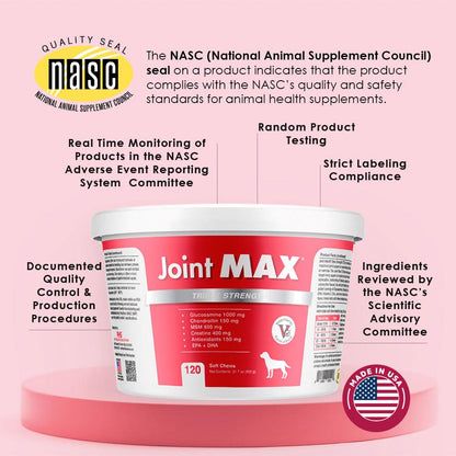 Joint Max TS Joint Supplement Vet Formulated Pain & Inflammation Relief Treats Hip Dysplasia & Arthritis, Glucosamine, Chondroitin, Turmeric, MSM, HA, Creatine, Omega 3 EPA + DHA.120 Soft Chews Joint MaxBuy Supplements Australia