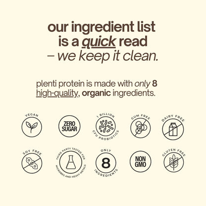 plenti Organic Plant-Based Protein Powder: Vanilla - 20g Pea Protein + Probiotics, Digestive Enzymes & Omega 3-6, Gut Friendly, Sugar Free, 27 Servings (2 lbs) plentiBuy Supplements Australia