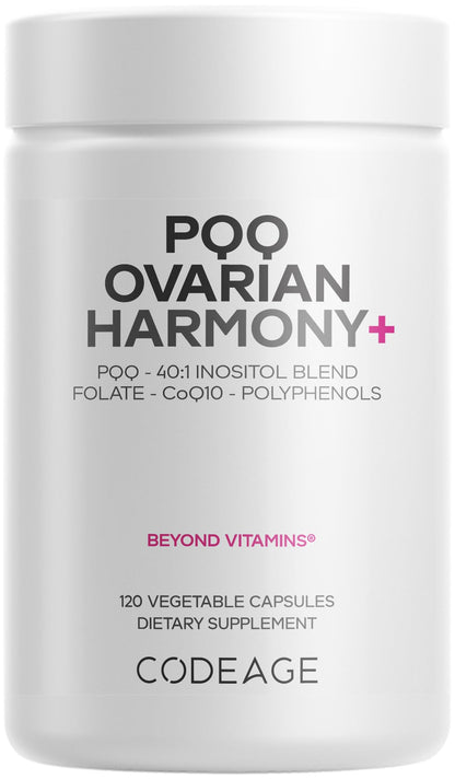 Codeage PQQ Ovarian Harmony+ Supplement - PQQ (Pyrroloquinoline Quinone), Myo-Inositol & D-Chiro-Inositol 40:1 Blend, Folate 5-MTHF, CoQ10, Wild Blueberry - Liposomal Delivery - Non-GMO - 120 Capsules CodeageBuy Supplements Australia