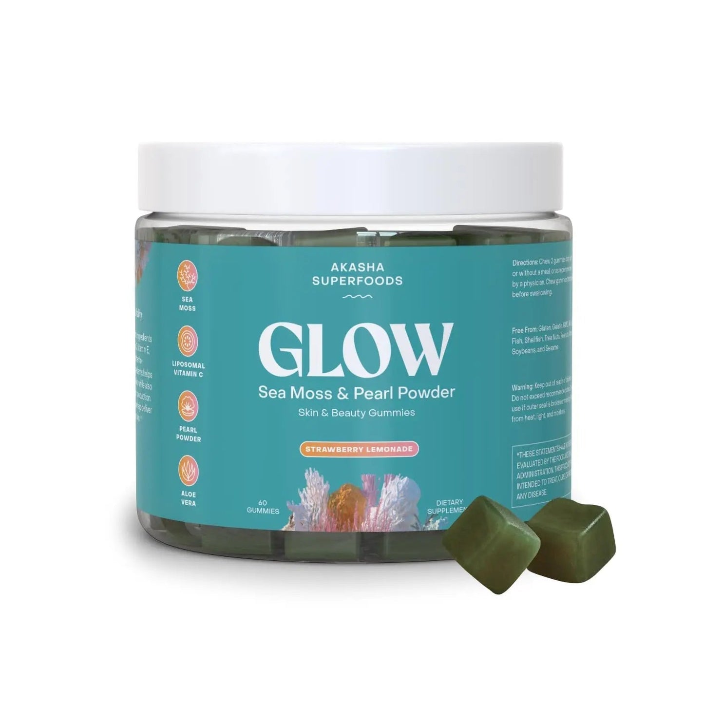 Akasha Superfoods Sea Moss Glow Gummies, Hair, Skin & Nails Vitamins with Seamoss, Pearl Powder, Vitamin E, Aloe Vera, Liposomal Vitamin C Akasha SuperfoodsBuy Supplements Australia