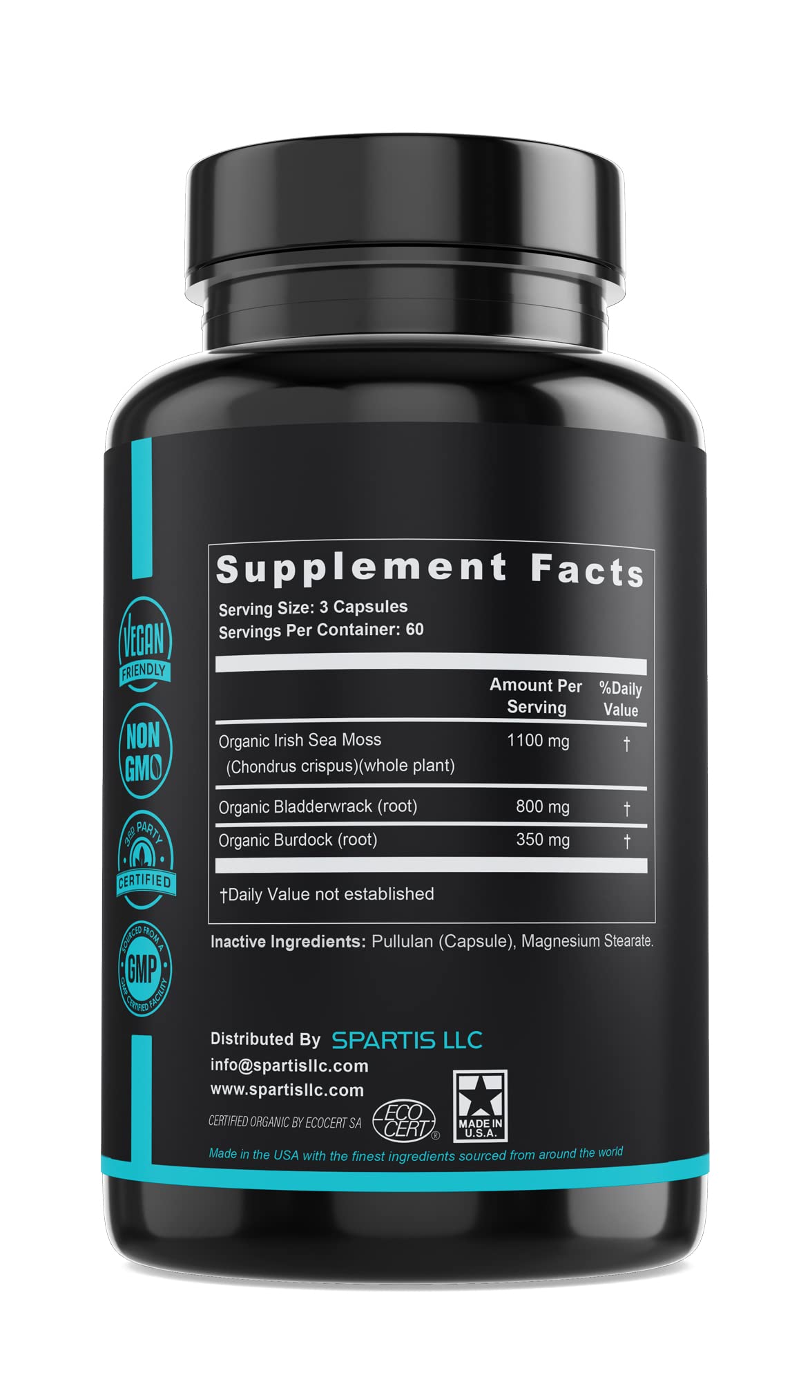 SPARTIS Certified Organic Sea Moss Capsules 2250mg Wildcrafted Irish Sea Moss Burdock Root Bladderwrack Supplement Raw Seamoss Pills & Powder (Pack of 1 at 180-Caps) SPARTISBuy Supplements Australia