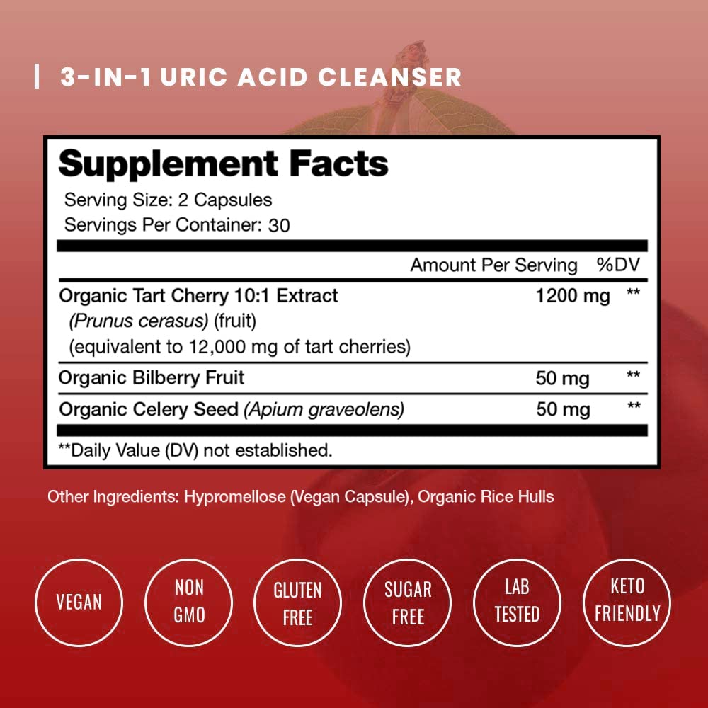 NutraChamps Organic Tart Cherry Extract Capsules - Made from Montmorency Tart Cherry Concentrate, Celery Seed & Bilberry - Uric Acid Cleanse & Joint Support - Vegan Capsules NutraChampsBuy Supplements Australia
