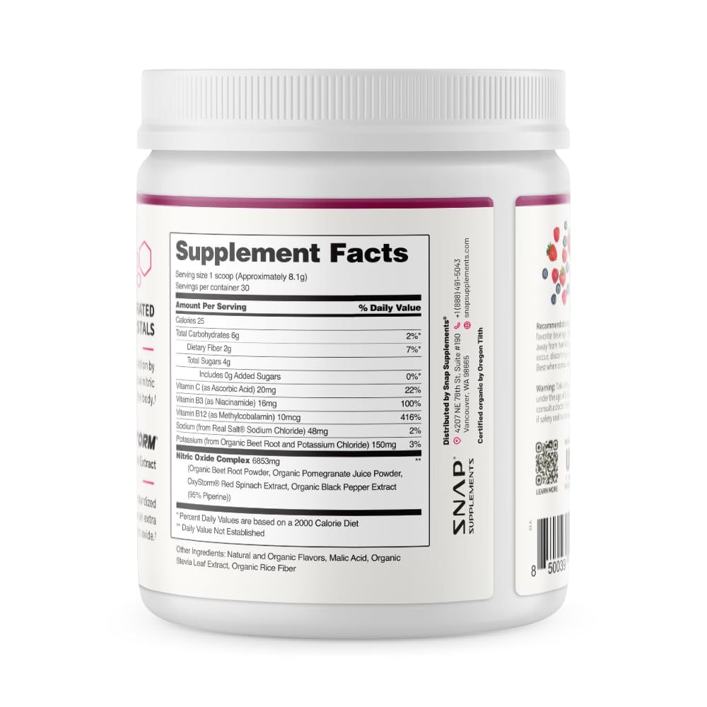Snap Supplements Organic Beet Root Powder Nitric Oxide Supplement for Men & Women, Red Spinach & Pomegranate, Supports Healthy Energy & Blood Pressure Already in Normal Range, 30 Servings, Mixed Berry Snap SupplementsBuy Supplements Australia