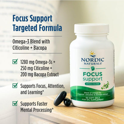 Nordic Naturals Omega Focus, Lemon - 60 Soft Gels - 1280 mg Omega-3 + Citicoline & Bacopa Monnieri Extract - Focus, Attention, Memory, Brain Health - Non-GMO - 30 Servings Nordic NaturalsBuy Supplements Australia