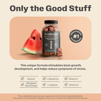 TruHeight Growth Gummies (Watermelon) Tall Nutrition for Natural Growth Supplement for Kids & Teens - Vitamin D, K, Calcium & Ashwagandha