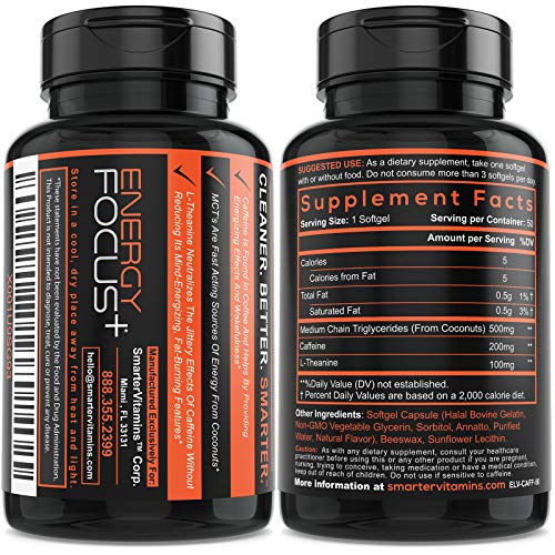 200mg Caffeine Pills - MCT Oil from 100% Coconuts + 100mg L-Theanine, Advanced Energy SmarterVitaminsBuy Supplements Australia