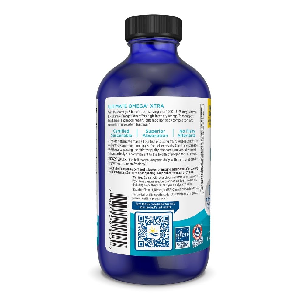 Nordic Naturals Ultimate Omega Xtra Liquid, Lemon Flavor - 8 oz - 3400 mg Omega-3 + 1000 IU Vitamin D3 - EPA & DHA - Brain, Heart, Joint, & Immune Health - Non-GMO - 48 Servings Nordic NaturalsBuy Supplements Australia