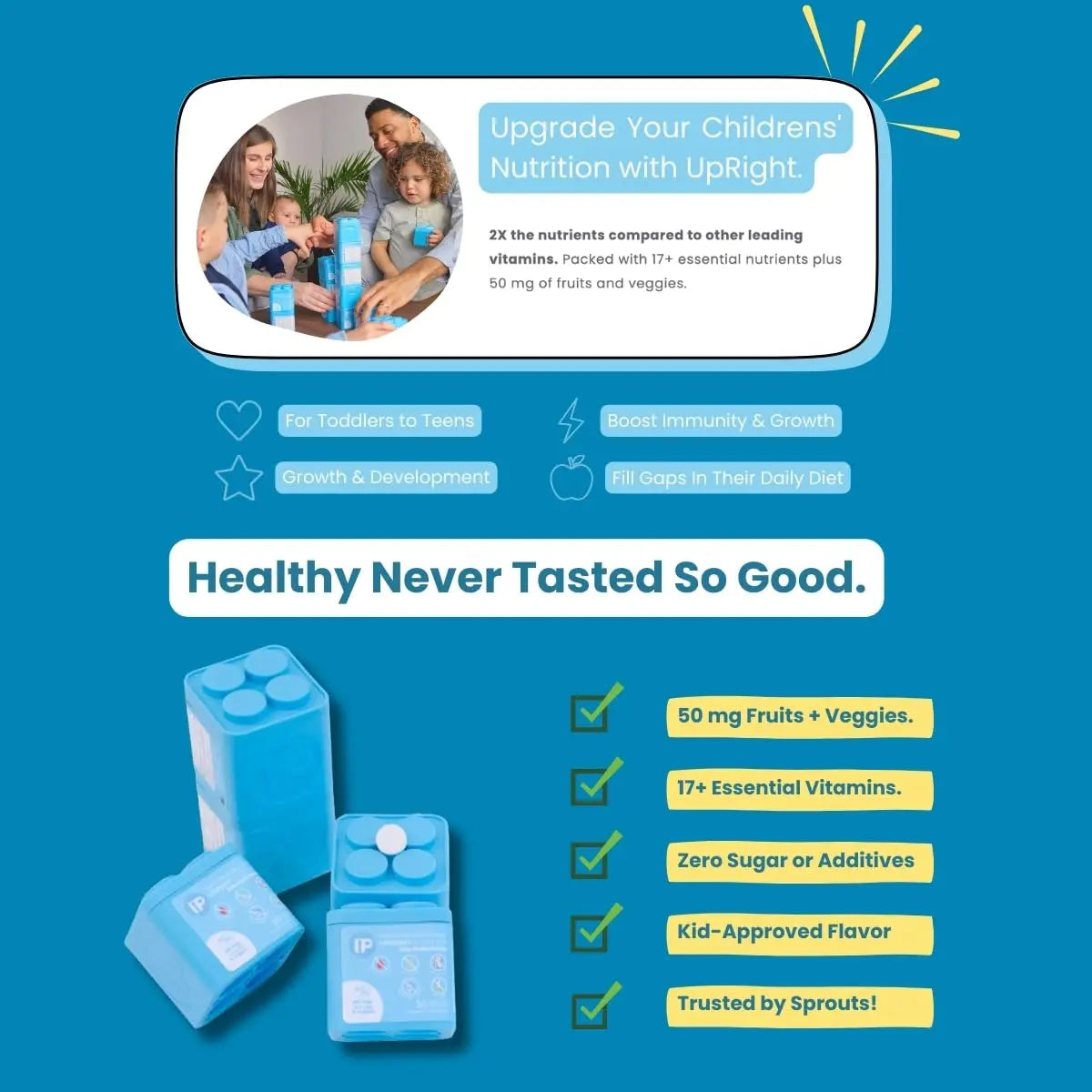 Upright Nutrition Children's Multivitamin | 30 Day Supply | Chewable, Sugar-Free | 17+ Essential Vitamins & Minerals with 50mg of Fruits & Veggies Upright Nutrition