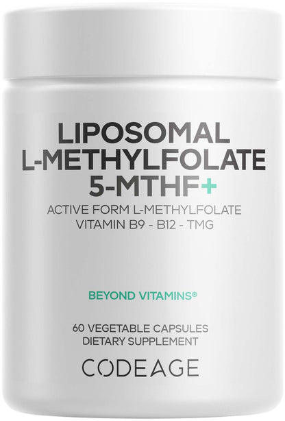 Codeage Liposomal L-Methylfolate 5-MTHF+ - Active Vitamin B9, Methylcobalamin B12, Betaine TMG, B6-2-Month Supply Multivitamins - Liposomal Delivery - Bioavailable B-Vitamin Complex - 60 Capsules CodeageBuy Supplements Australia