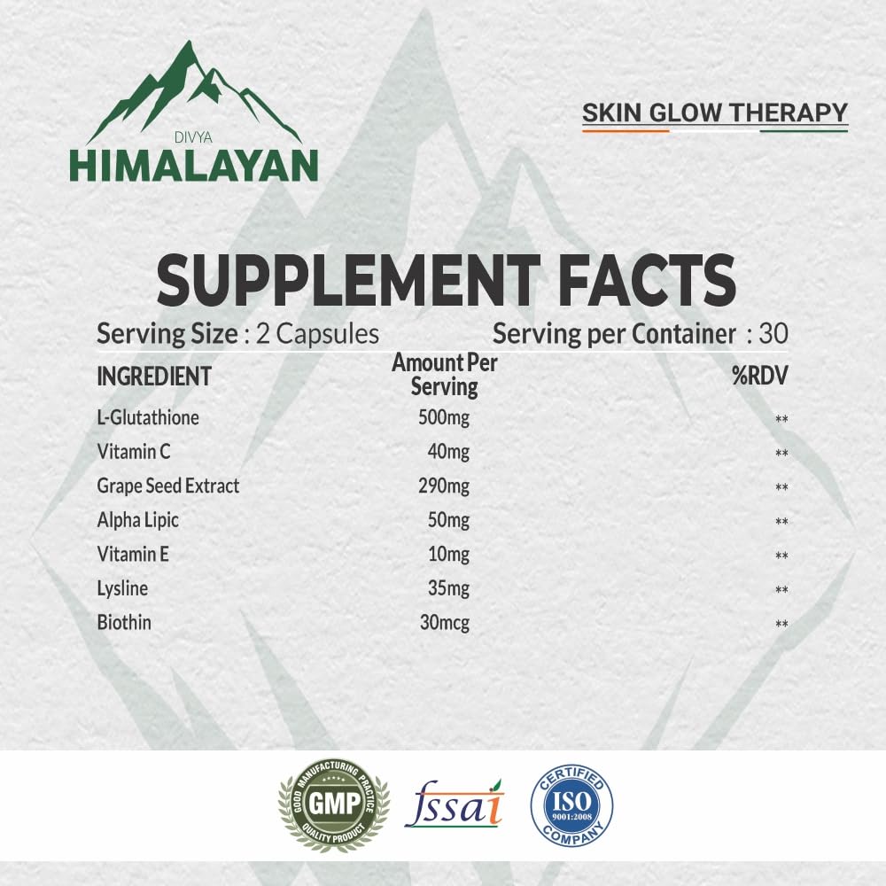 Divyhimalayan L-Glutathione 1000mg - 98% Pure Reduced Form with Vitamin C & ALA for Radiant Skin, Antioxidant & Immune Support - 60 Capsules Divya HimalayanBuy Supplements Australia
