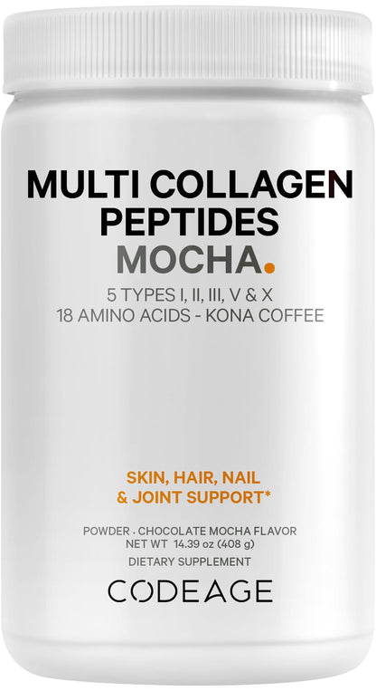 Codeage Multi Collagen Peptides Protein Powder - Chocolate Mocha Instant Coffee - Gourmet Knoa Coffee Drink & Shake - Collagen Type I, II, III, V & X - Grass-Fed, Hydrolyzed, Non-GMO - 14.39oz CodeageBuy Supplements Australia