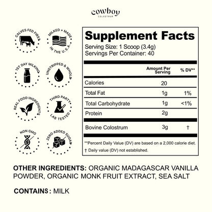 Cowboy - The Exclusive 1st Milking, Whole, Grass Fed Colostrum Supplement for Full Body Health - Bovine Colostrum Powder Packed w/Bioactive Nutrients - Sugar Free (Vanilla, 40 Servings) COWBOY COLOSTRUMBuy Supplements Australia