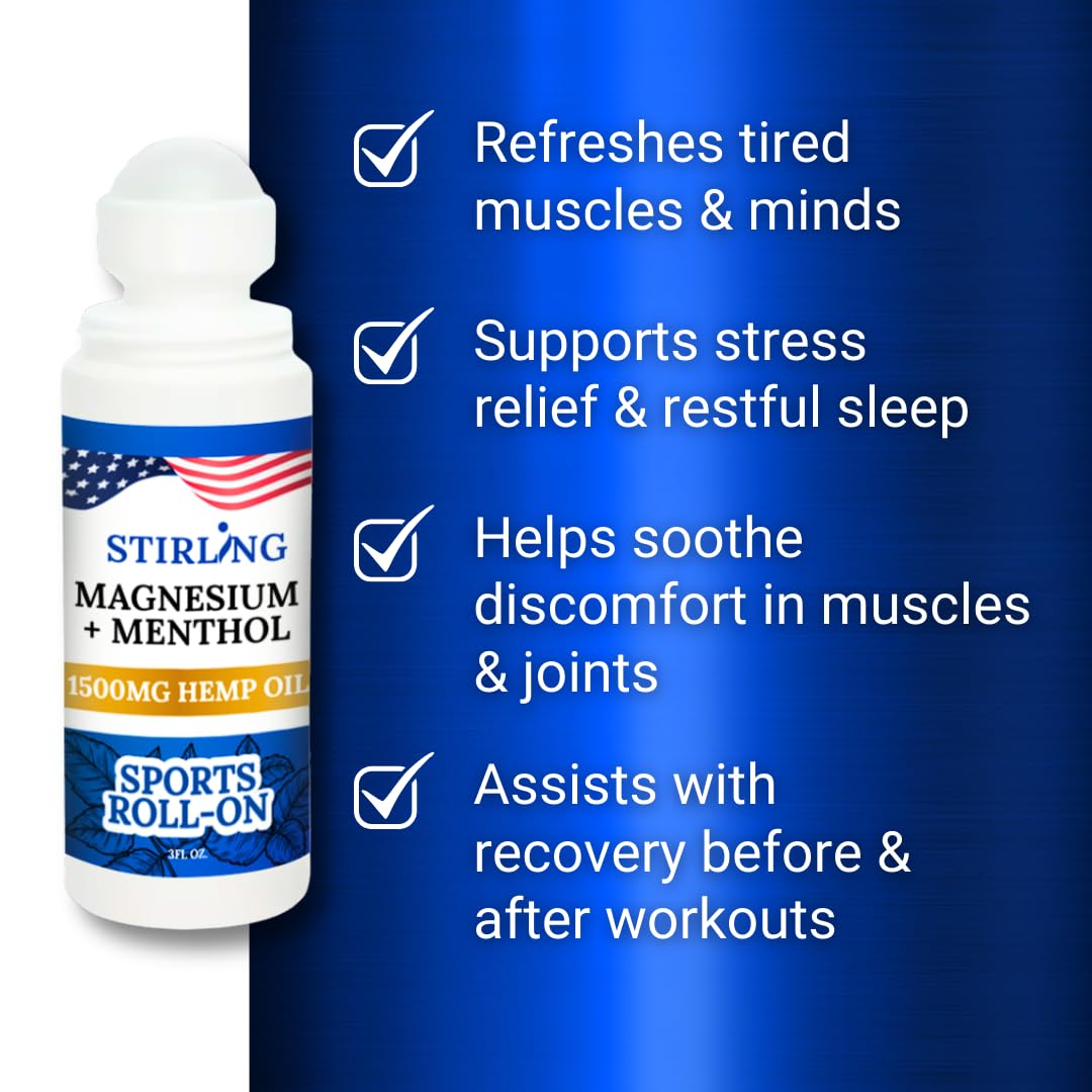 Stirling Menthol Roll On Lotion with Magnesium and 1500mg Pure Hemp - Non-GMO, THC-Free - Fast-Acting Relief for Sore Muscles and Joints, Reduces Swelling and Redness, Promotes Post-Workout Recovery STIRLINGBuy Supplements Australia