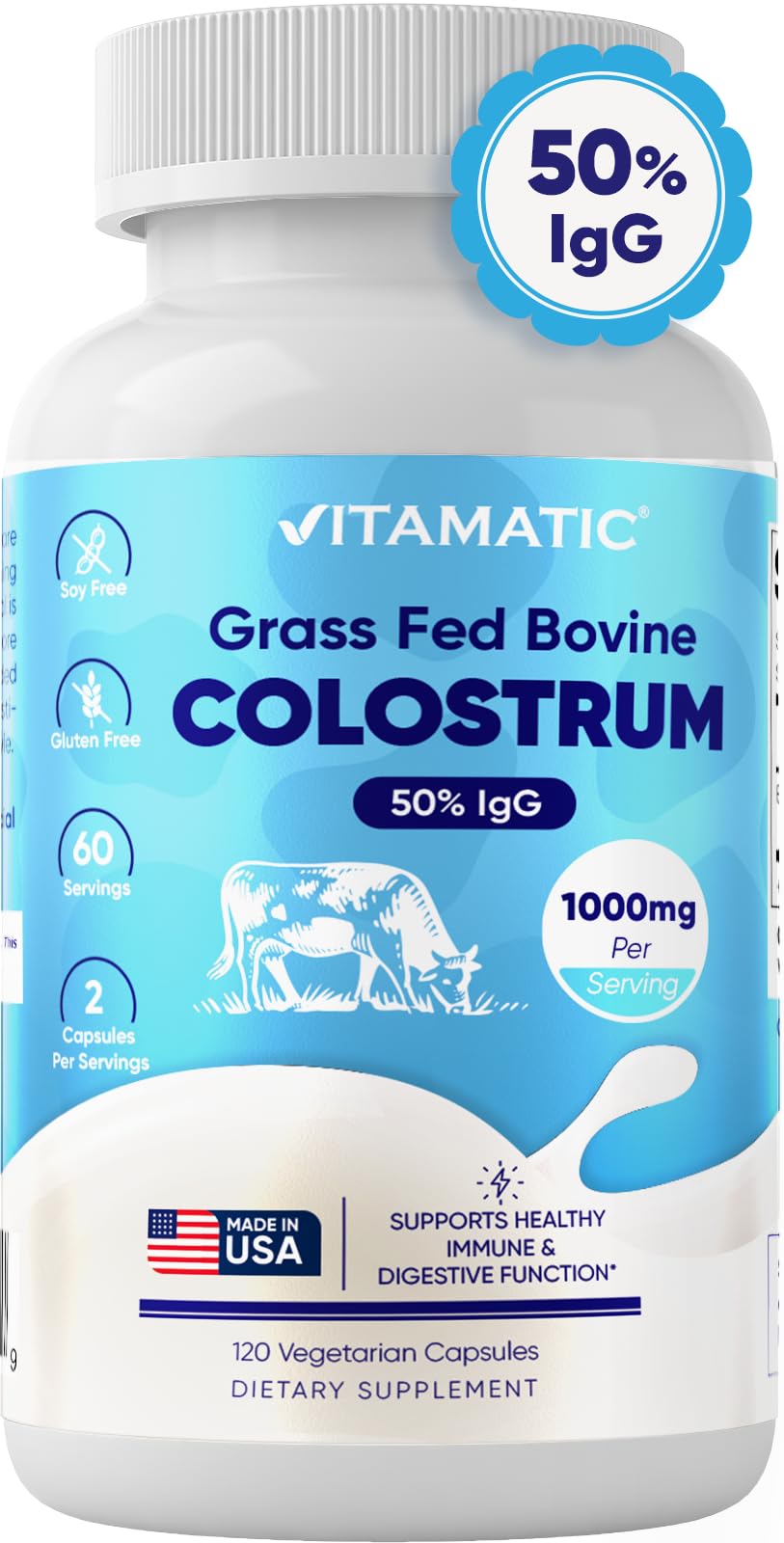 Vitamatic Bovine Colostrum Supplement 1000 mg per Serving - 50% Highest IgG - Supplement for Gut Health, Hair Growth, Beauty, Muscle Recovery, & Immune Support - 120 Capsules VitamaticBuy Supplements Australia