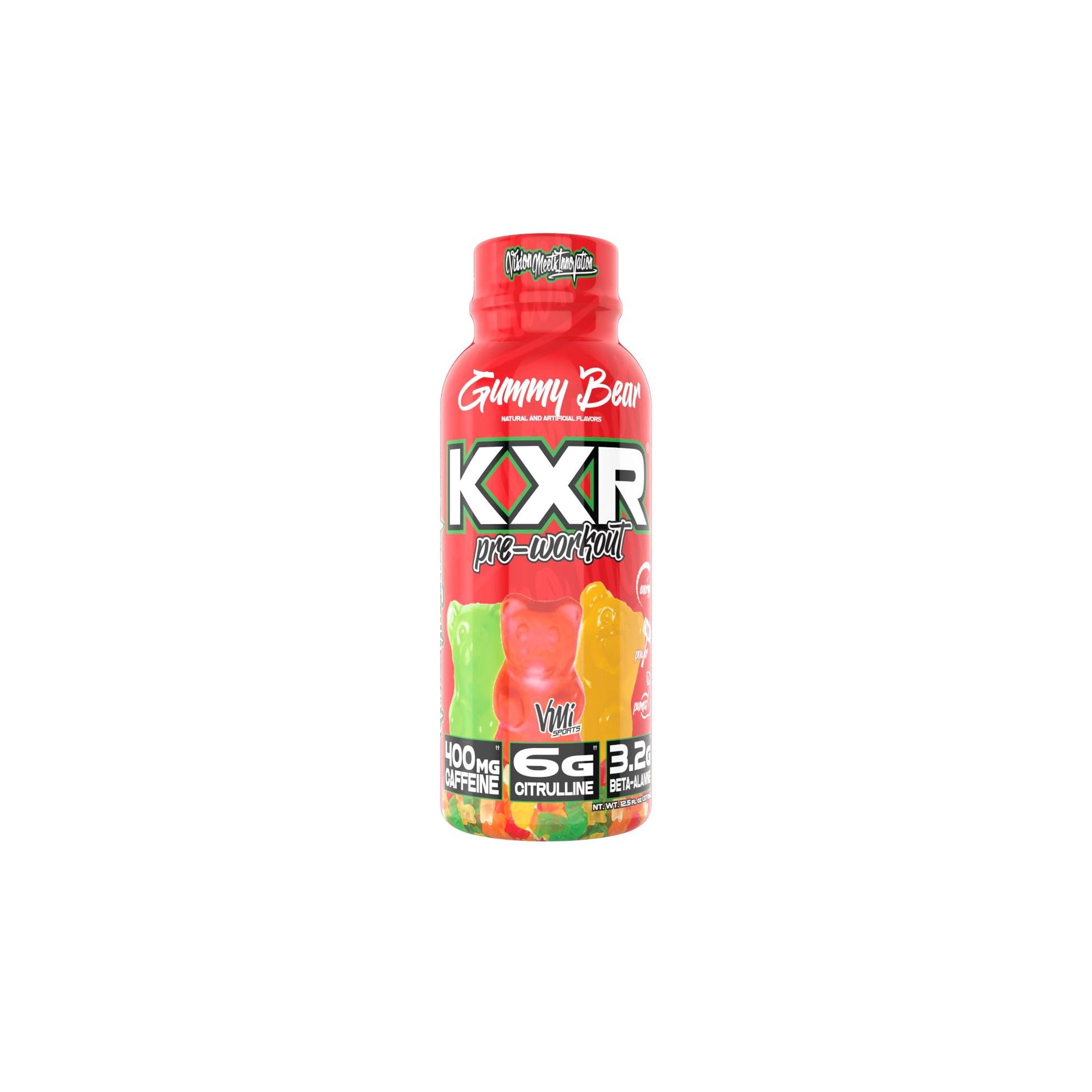VMI Sports KXR High Stimulant Pre-Workout Energy Ready to Drink 400mg Caffeine, 6g Citrulline, 3.2g Beta-Alanine | Delicious – Convenient – Powerful | 12.5 oz Bottles (Gummy Bear, 12 Bottles)