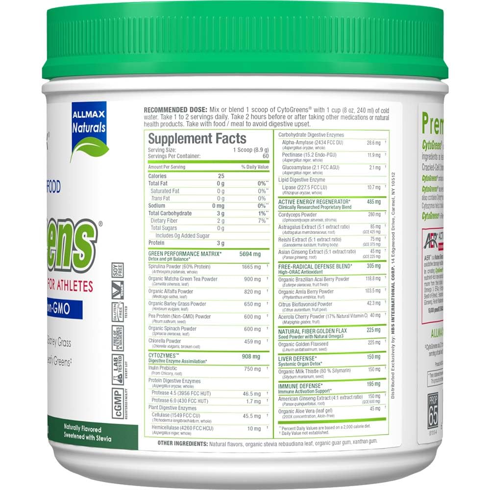 ALLMAX Naturals CytoGreens Super Greens Powder, Premium Green Superfood with Greens, Superfoods, Daily Greens Supplement, Acai Berry Green Tea, 60 Servings ALLMAXBuy Supplements Australia
